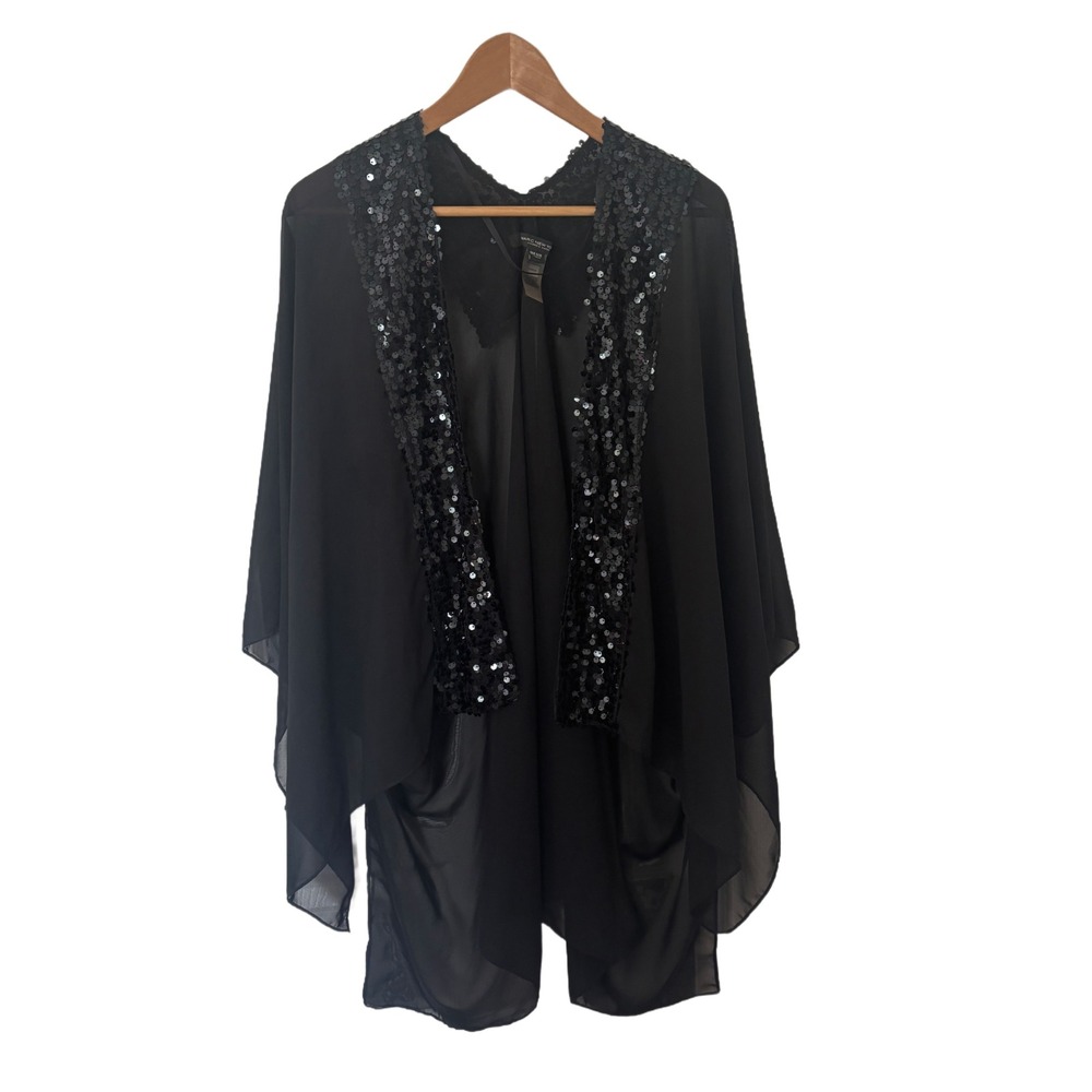 Marc New York Andrew Marc Black Chiffon Sequin‎ Wrap Cardigan Shawl One Size